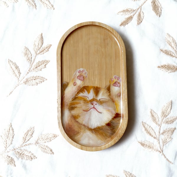 Hand-Painted Bamboo Tray – Sleeping Cat Design