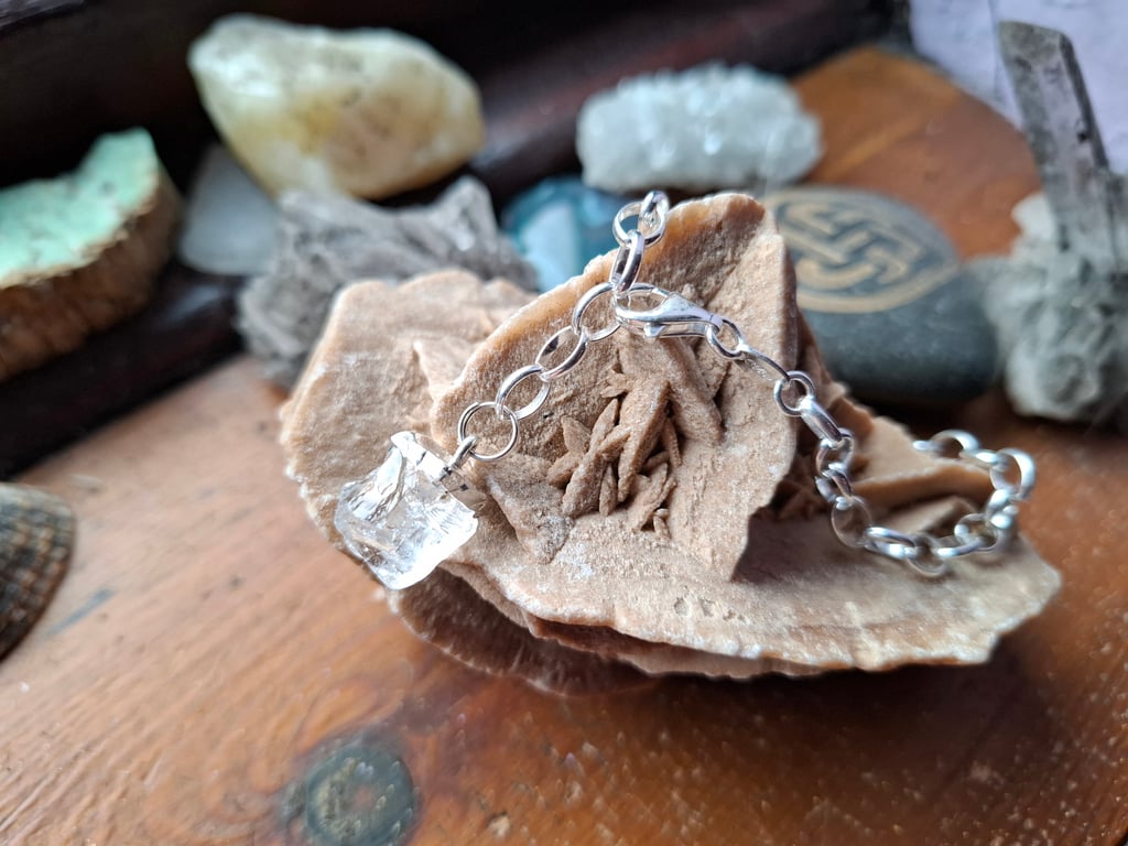 Raw Clear Quartz Crystal and Sterling Silver Bracelet - April Birthstone