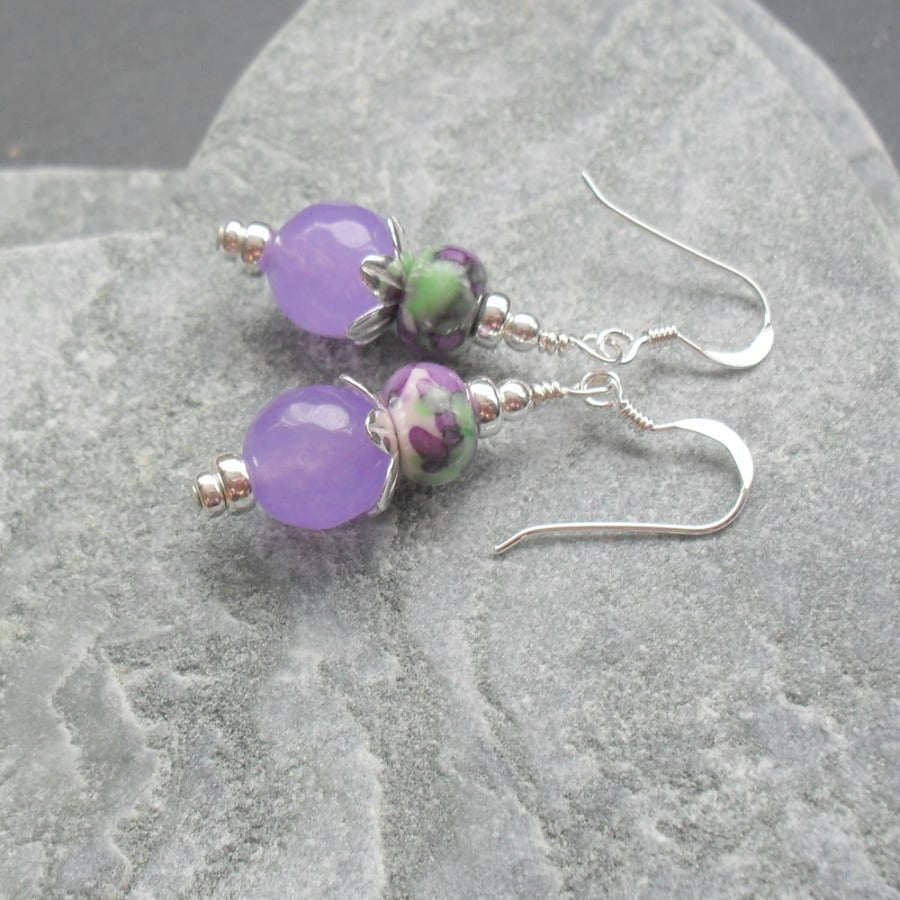 Lilac Quartz and Rainflower Jasper Sterling Silver Drop Earrings