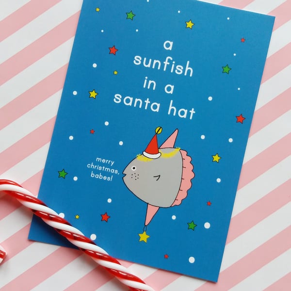 sunfish in a santa hat postcard & envelope - christmas postcard