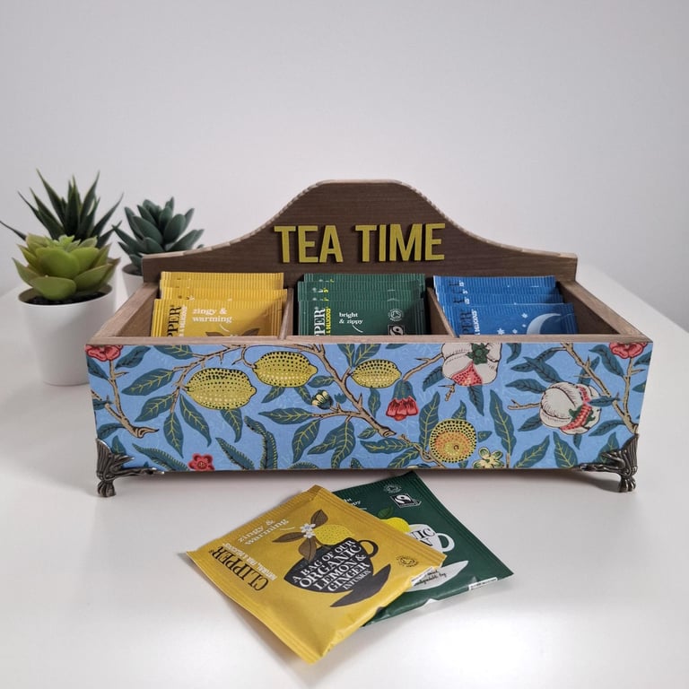 Decoupaged Wooden Tea Box, Hand Painted Floral Compartment Storage Home Decor