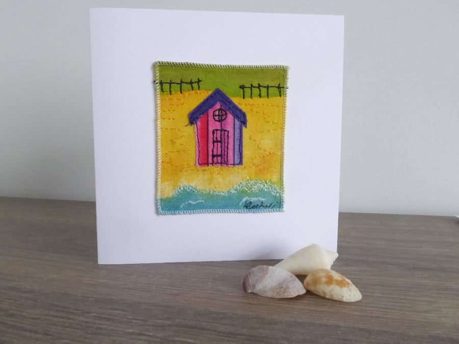 'BEACH HUT' - handmade textile card
