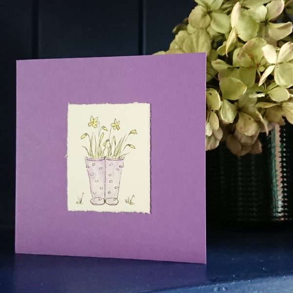 Easter Card - Purple wellies full of daffodils, hand painted original