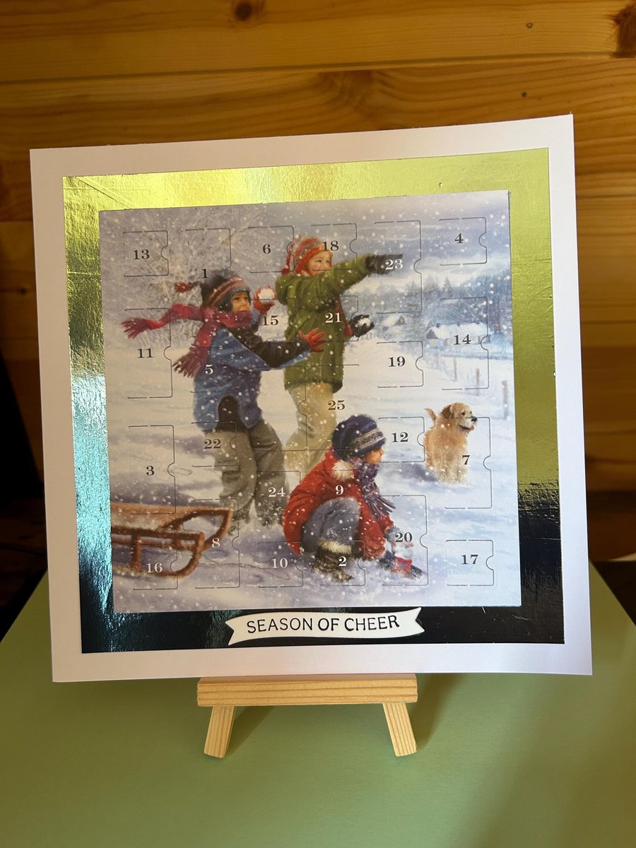 Children playing snow day Advent Calendar Card Handmade 8 inch square card