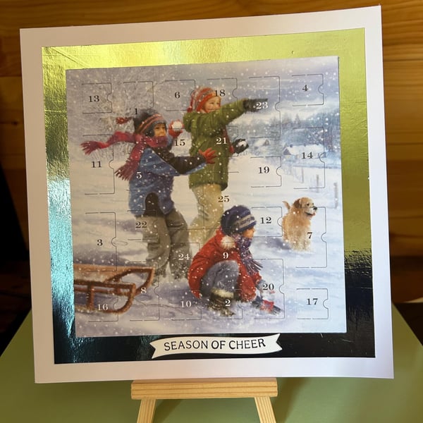 Children playing snow day Advent Calendar Card Handmade 8 inch square card