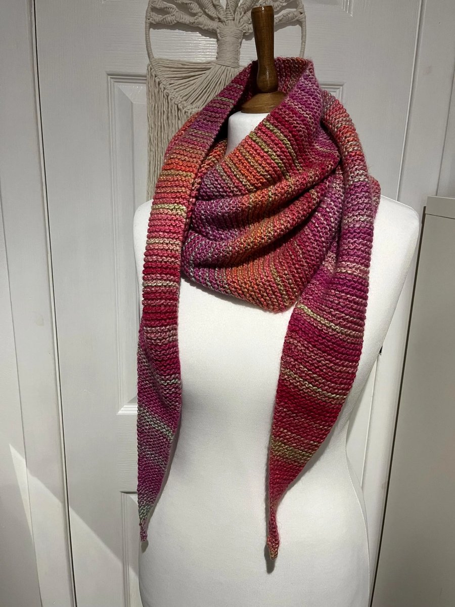 Shawl Triangular Pink hues 200cms long and can be worn in different ways 