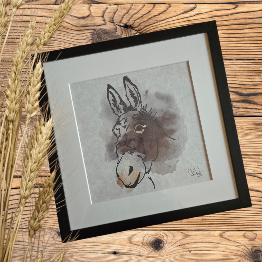 Handdrawn watercolour Art: Donkey in Black Frame (8x8")