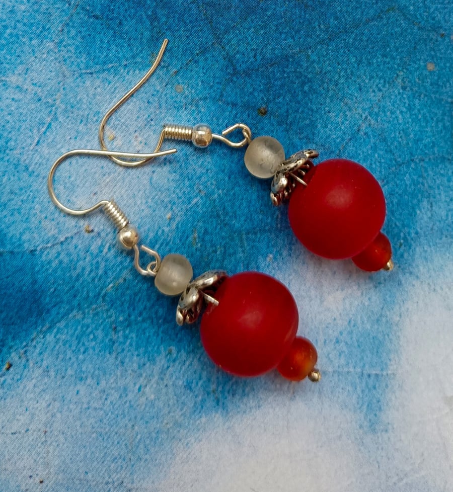 Red Frosted Glass Earrings