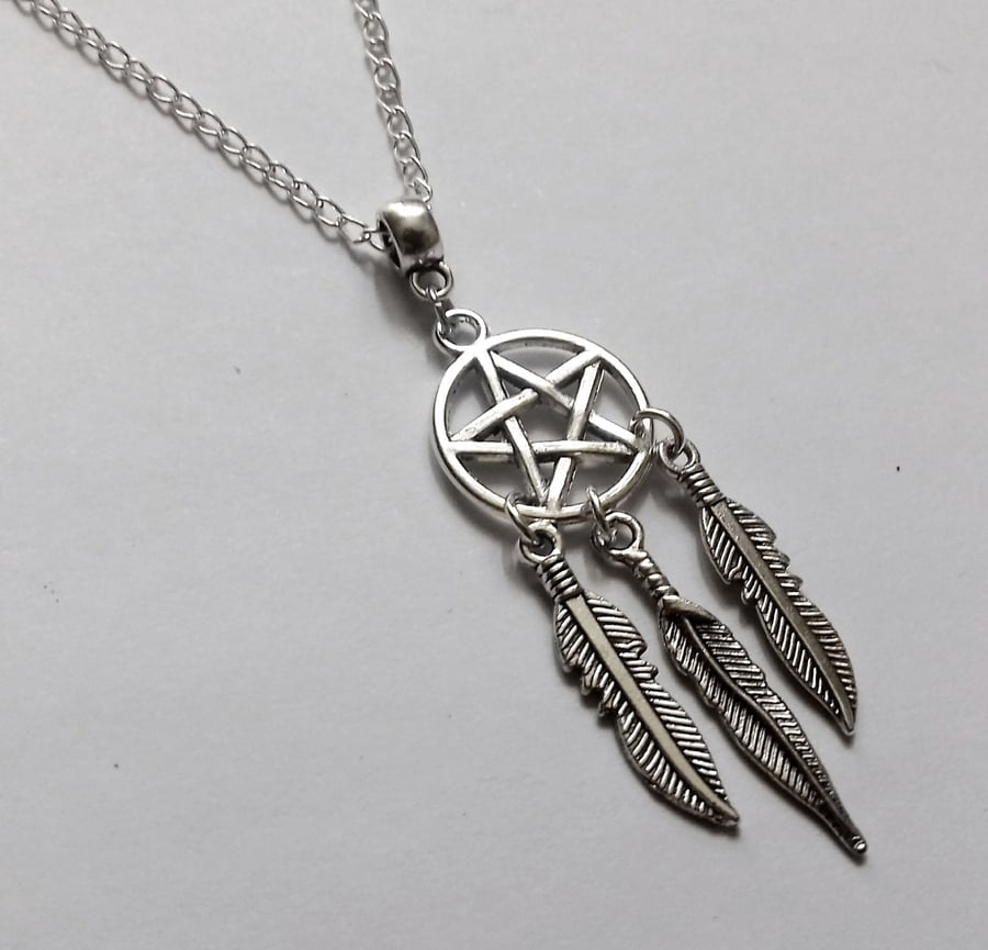 Silver Plate Pentagram Pentacle Dreamcatcher Dream Catcher Dangly Earrings