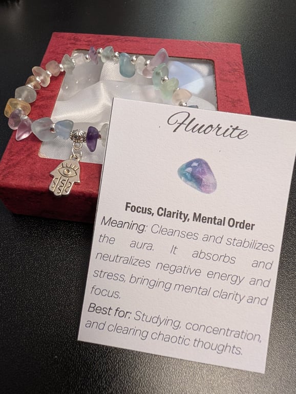 Fluorite gemstone handmade bracelet with charm and meaning card