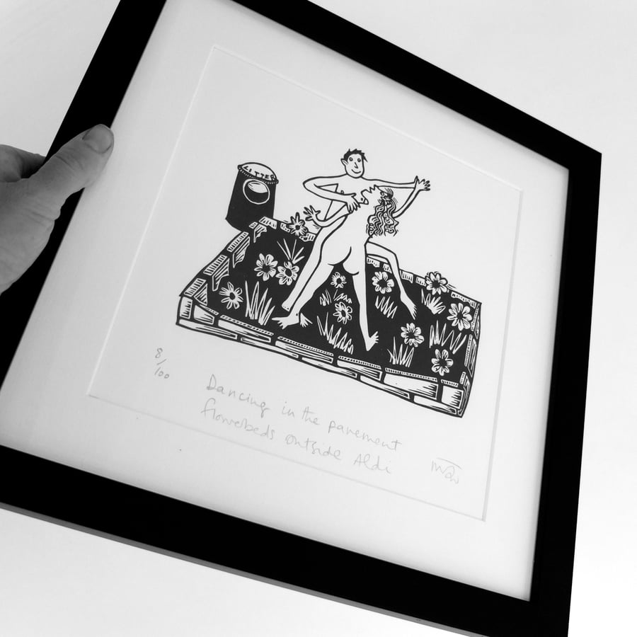 Dancing in the pavement flowerbeds outside Aldi - lino print