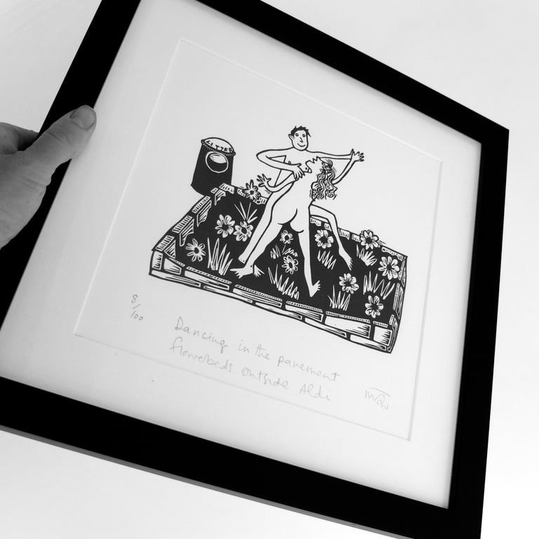 Dancing in the pavement flowerbeds outside Aldi - lino print