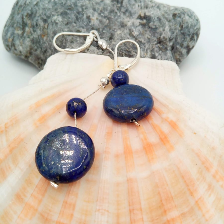 Cobalt Blue Lapis Lazuli Bead and Silver Crimping Chain Earrings, Gift for Her