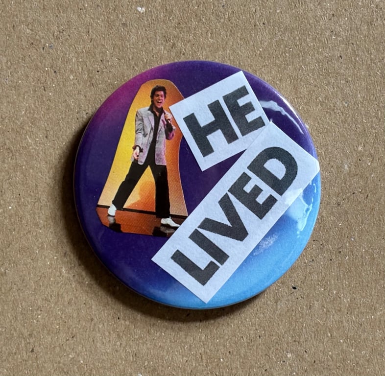 Collage pin badge - vintage book images & text - Shakin Stevens "he lived"