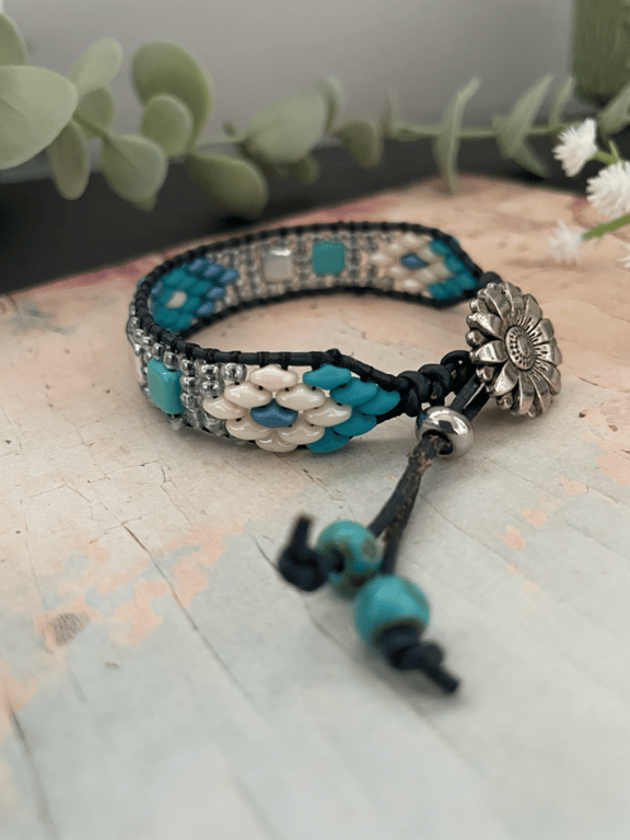 Bracelet, Boho woven leather wrap glass beaded adjustable bracelet