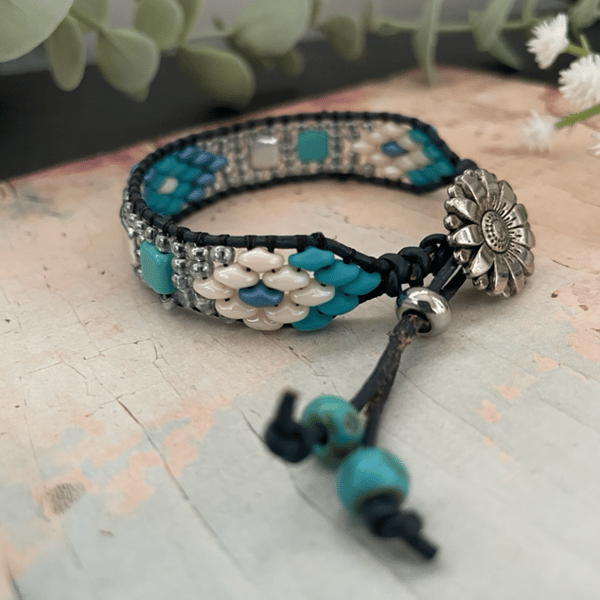 Bracelet, Boho woven leather wrap glass beaded adjustable bracelet