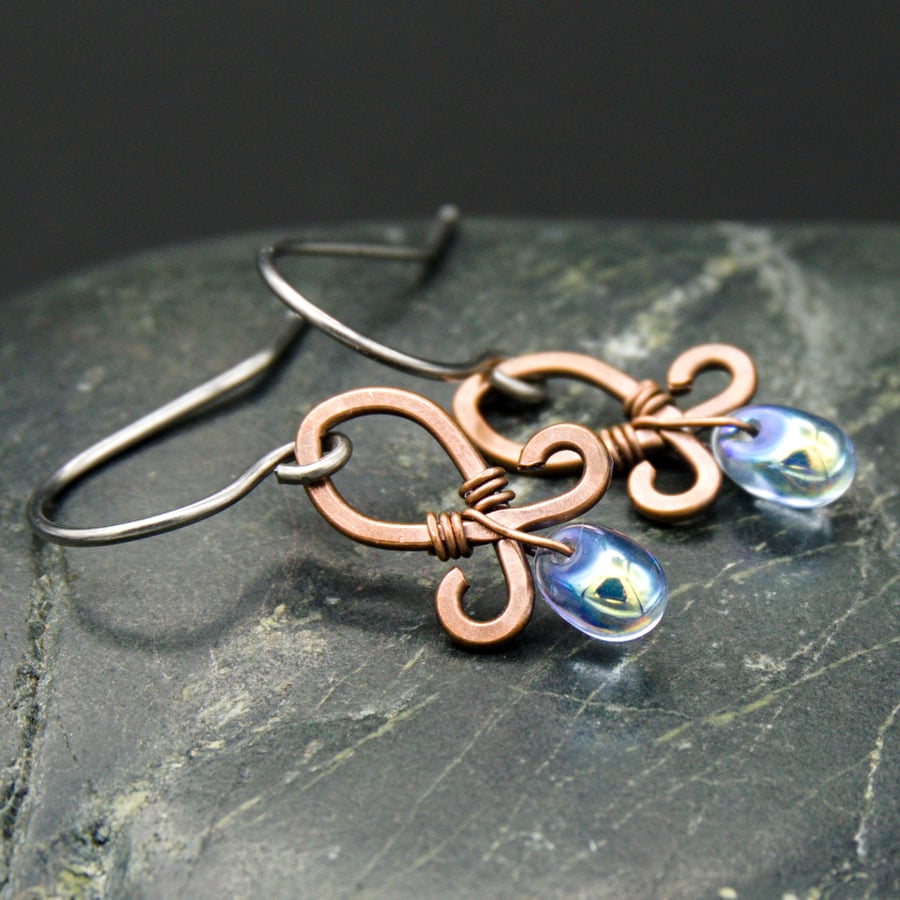 Hammered Copper Wire Earrings with Pale Blue AB Drops