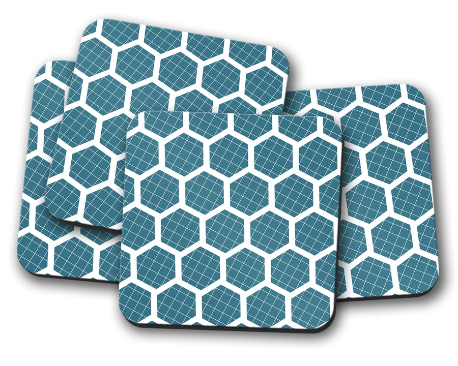 Set of 4 Blue and White Hexagon Geometric Design Coasters