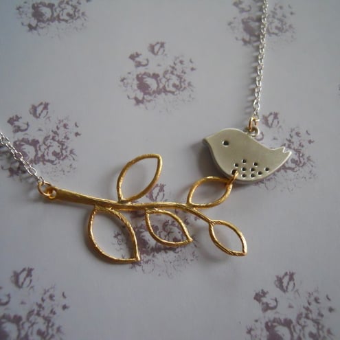 ♥ Gold and silver leaf and birdie necklace