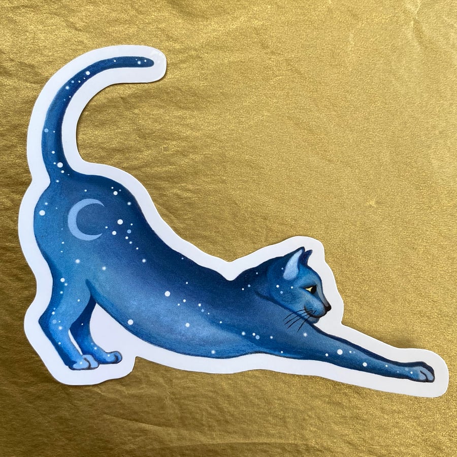 Fun Cat Sticker - Glossy, Vinyl Die Cut, Waterproof - 'Lunar Cat Stretching'