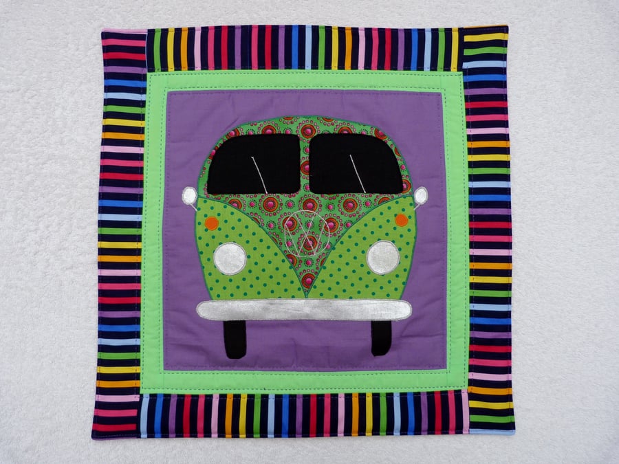 Applique VW Camper Van Cushion Cover in Purple  with decorative Quilting