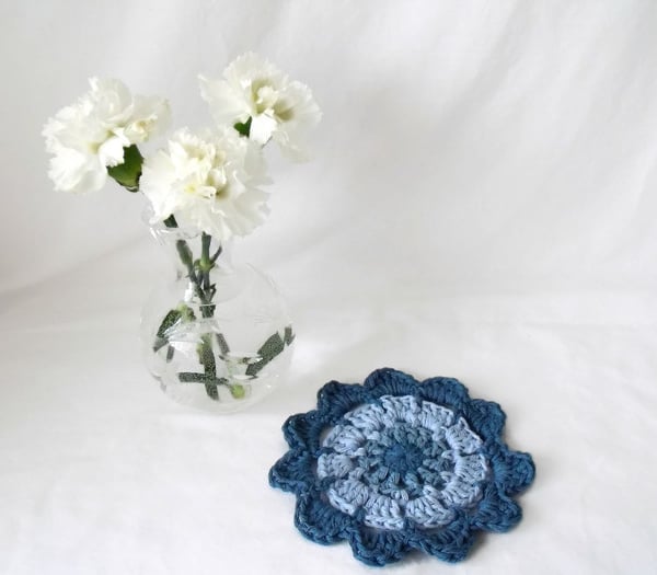 denim blue crocheted cotton doily mandala for your plant, lamp or vase