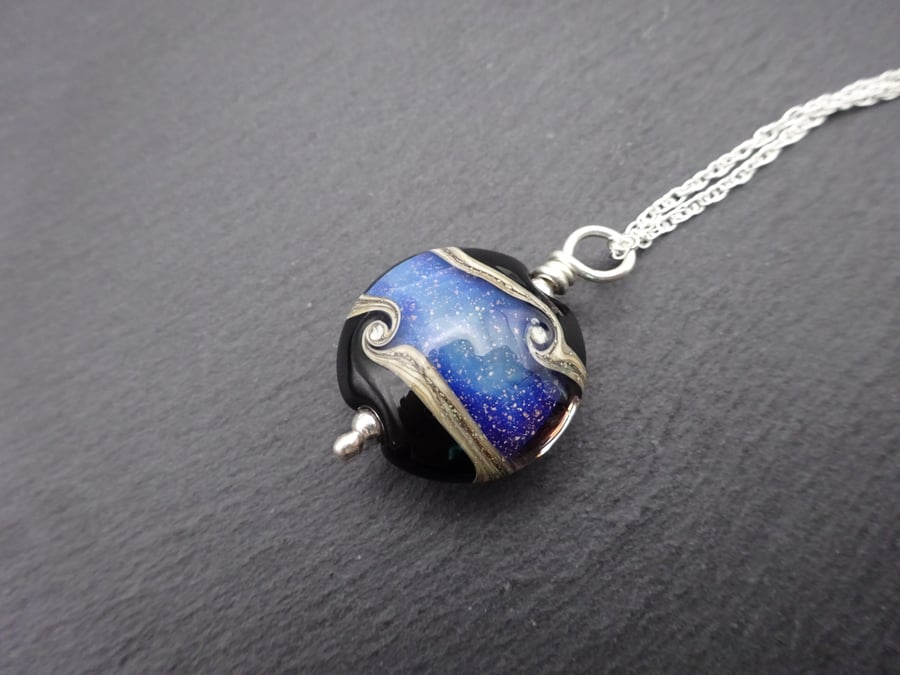sterling silver chain, lampwork glass galaxy pendant