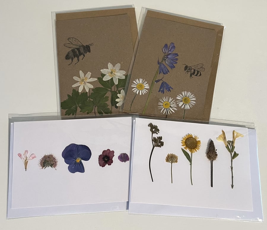 Pack of 4 Handmade Real Pressed Flower Greeting Cards 