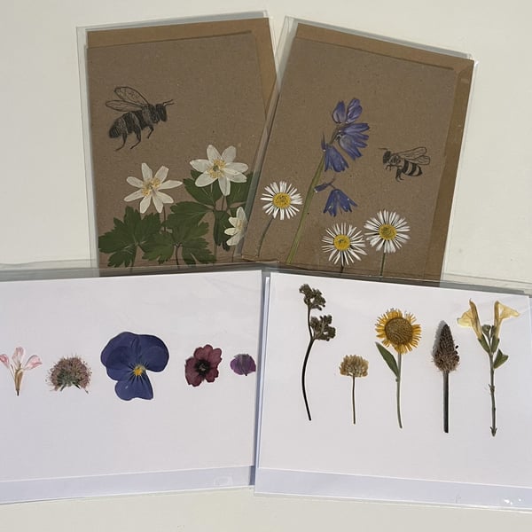 Pack of 4 Handmade Real Pressed Flower Greeting Cards 