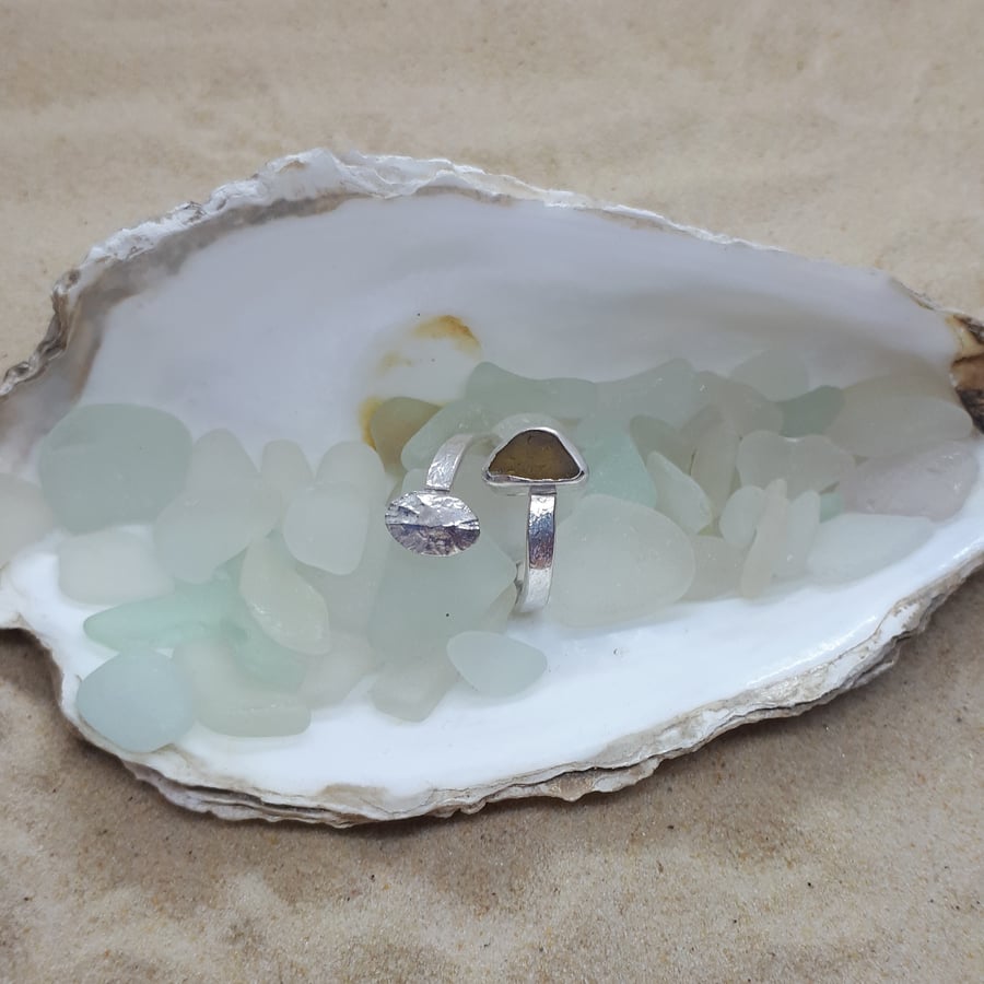 Khaki sea glass and limpet adjustable ring