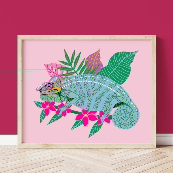 Chameleon Art Print, Tropical Lizard Home Decor Wall