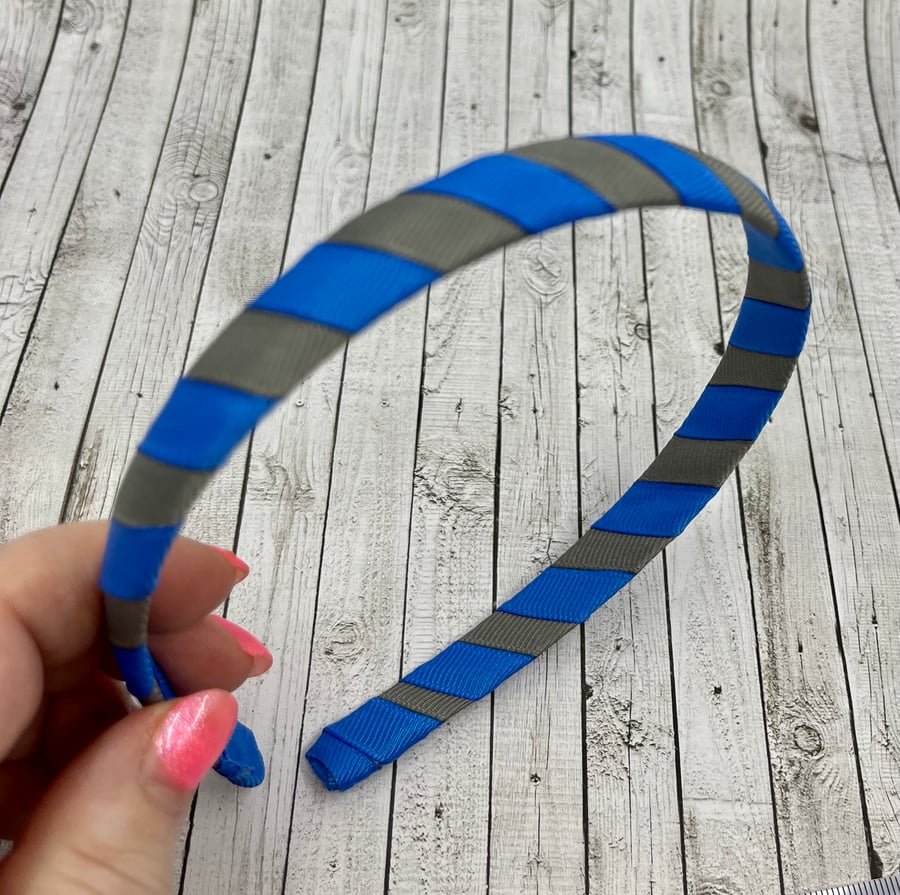School Royal Blue and Grey 1.8cm striped Hairband
