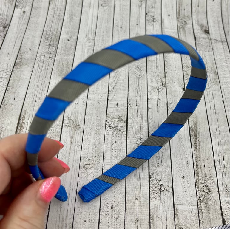 School Royal Blue and Grey 1.8cm striped Hairband
