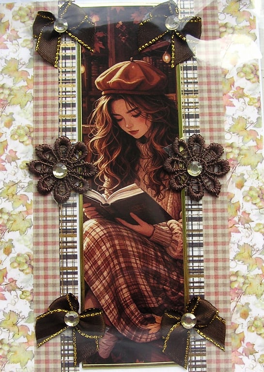 Book Reading Girl - Hand Crafted Decoupage Greeting Card - Blank 3411