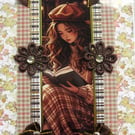 Book Reading Girl - Hand Crafted Decoupage Greeting Card - Blank 3411