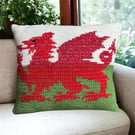 Handmade Crochet & Cross-Stitch Welsh Flag Cushion with Inner Pad.