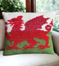 Handmade Crochet & Cross-Stitch Welsh Flag Cushion with Inner Pad.