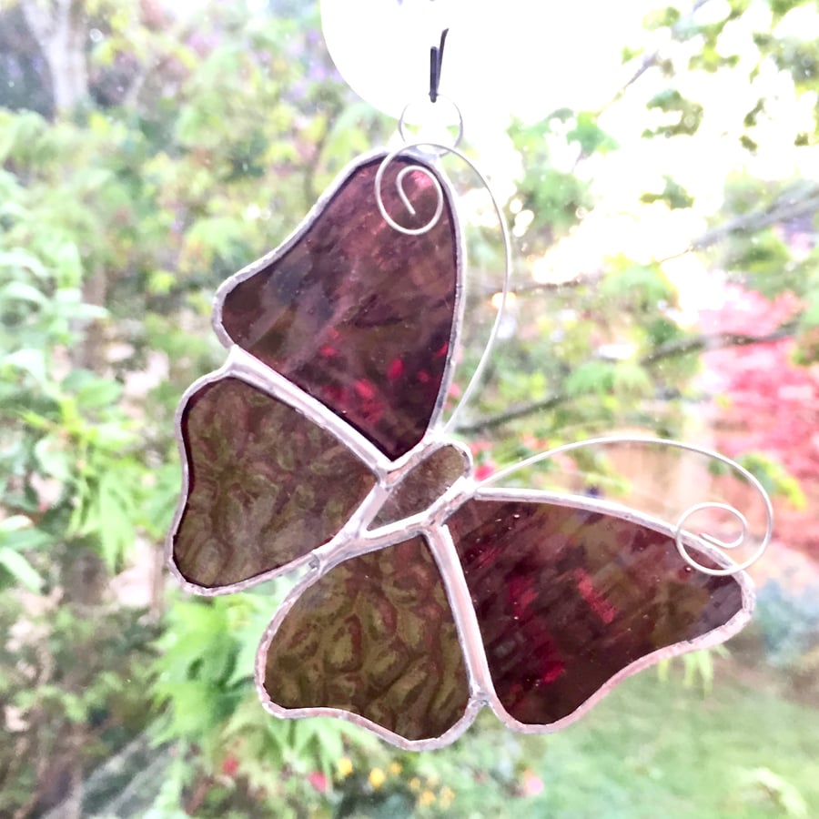 Stained Glass Butterfly Suncatcher - Handmade Decoration - Dusky Pink