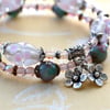 Two Bracelet Set, Beaded Stack Bracelets, Glass, Charms, Pink & Green
