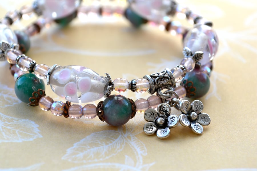 Two Bracelet Set, Beaded Stack Bracelets, Glass, Charms, Pink & Green