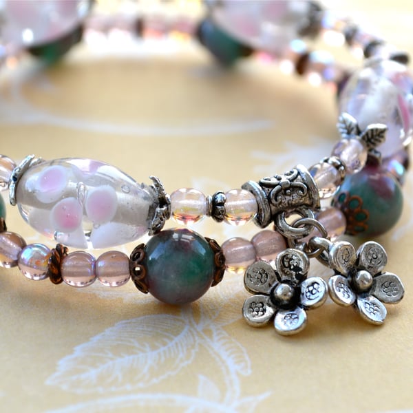Two Bracelet Set, Beaded Stack Bracelets, Glass, Charms, Pink & Green