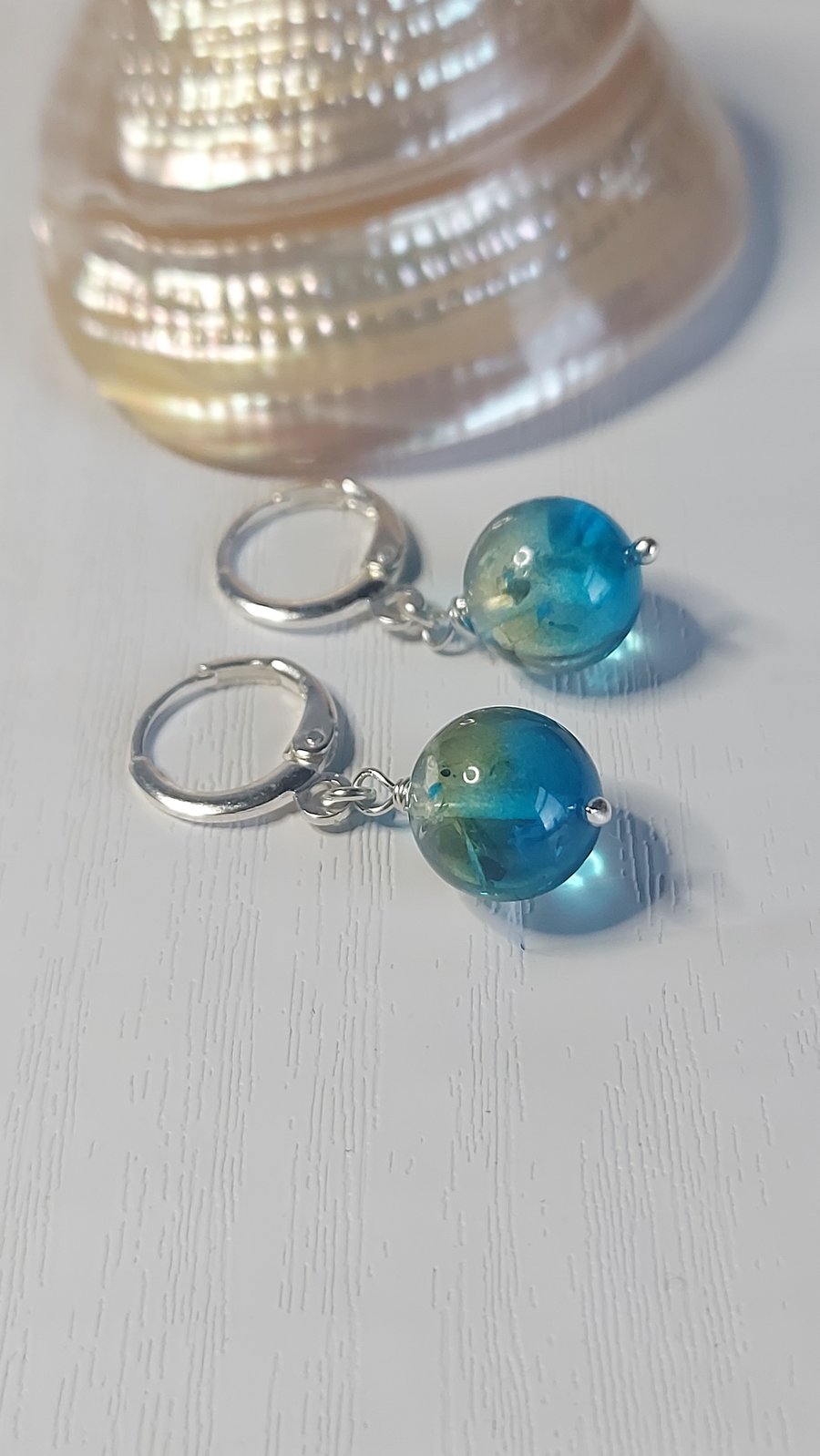 Ocean Blue Ombre Baltic Amber and Sterling Silver Huggie Hoop Earrings 