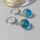 Ocean Blue Ombre Baltic Amber and Sterling Silver Huggie Hoop Earrings 