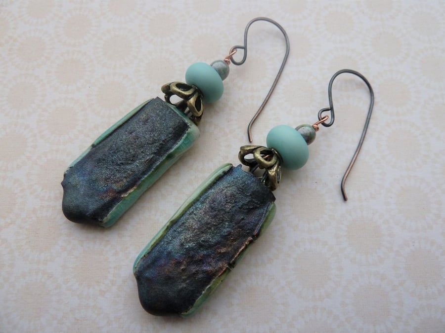 SALE handmade lampwork and ceramic earrings, green copper pair