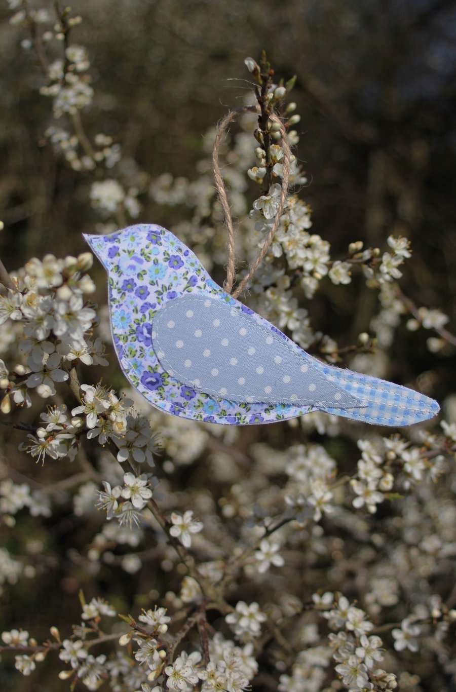 Recycled fabric bird trio in shades of blue