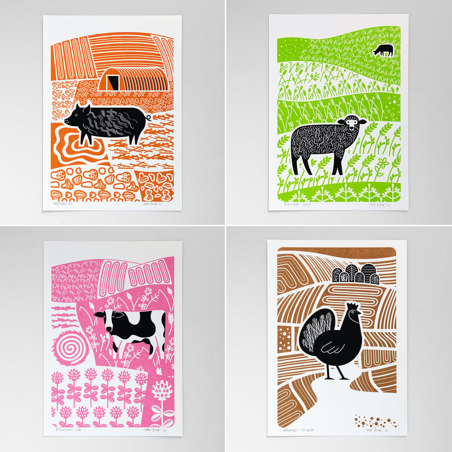 All four Farmyard Animals screen prints, hand pulled