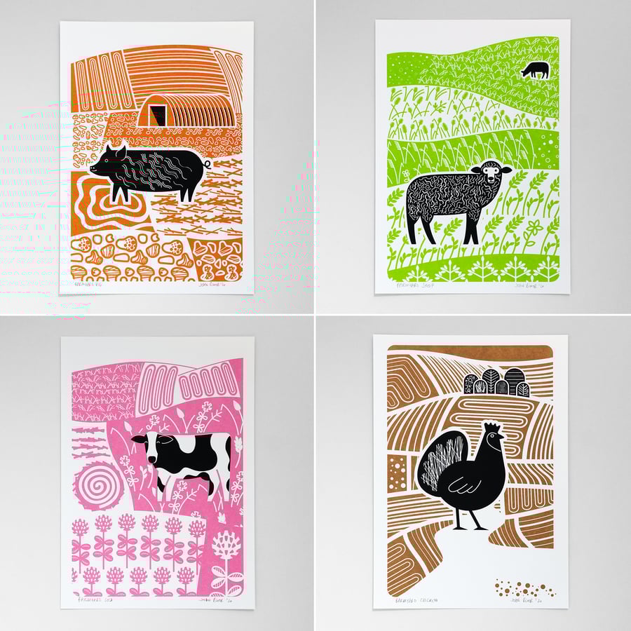 All four Farmyard Animals screen prints, hand pulled