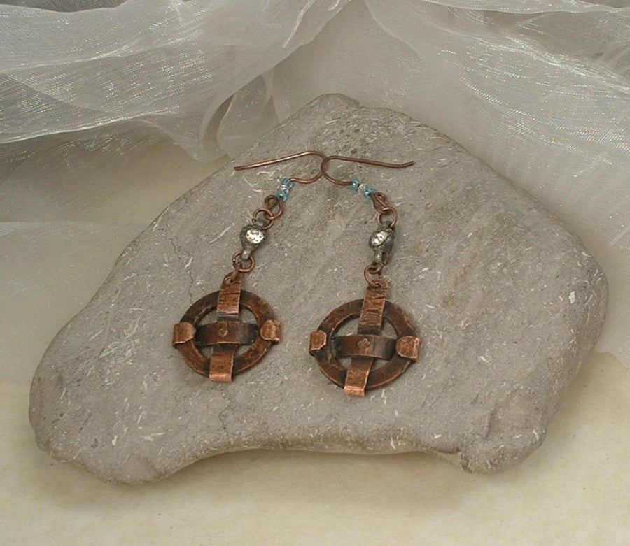 "Solar Cross" Rustic Copper Earrings with diamante beads