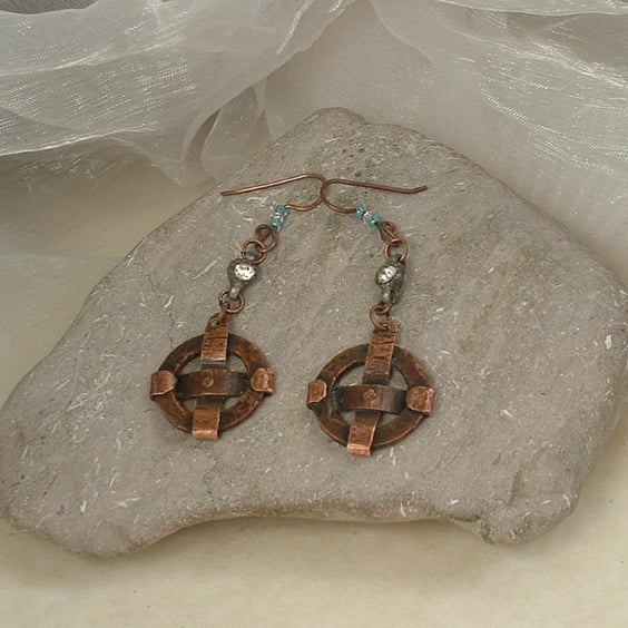 "Solar Cross" Rustic Copper Earrings with diamante beads
