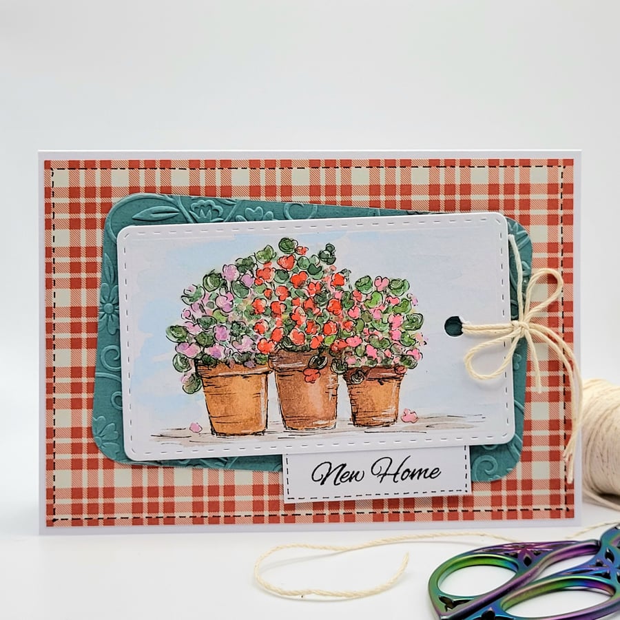  New Home Card - cards, handpainted, geraniums 